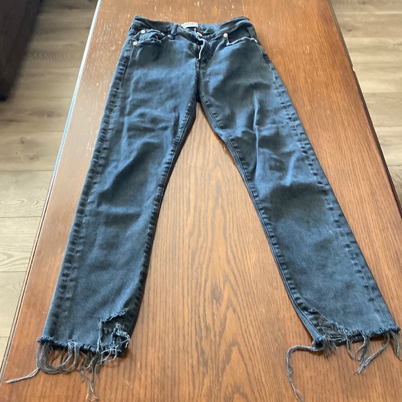 AGOLDE black distressed mid rise stretch straight leg jeans w/ raw cut out cuffs - Picture 3 of 16